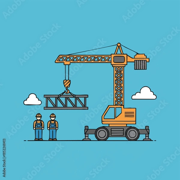 Obraz Crane Lifting Steel Beam Construction Workers Building Industry.