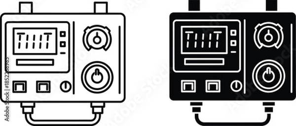 Obraz Two black and white control panels with digital and dials digital display knobs buttons