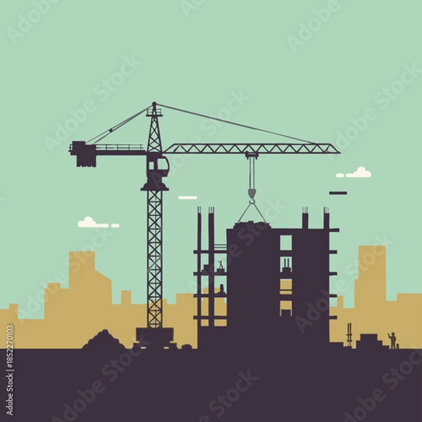 Obraz Construction Site Silhouette with Crane.
