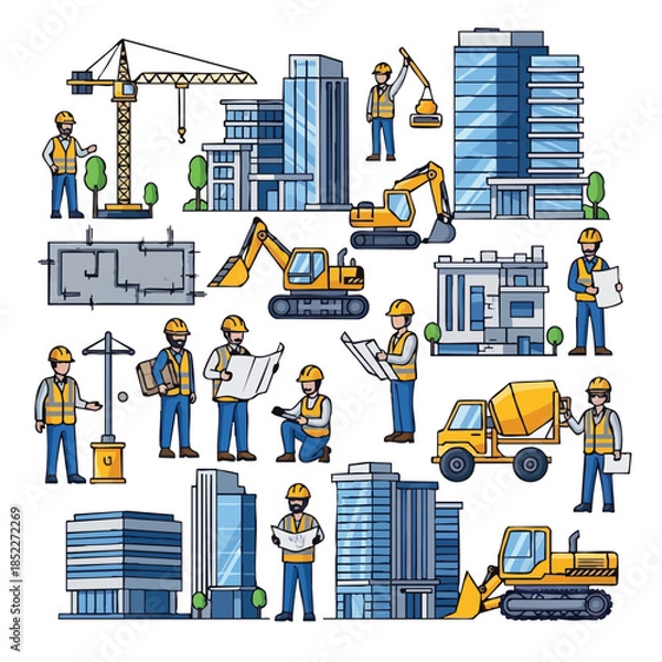 Obraz Construction workers building city skyscrapers.