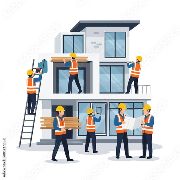 Obraz construction workers building modern house.