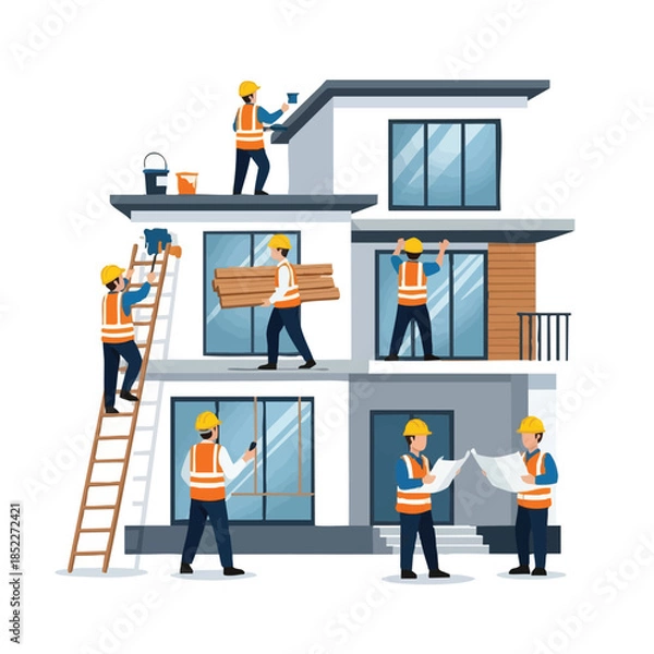 Obraz Construction Workers Building Modern House.