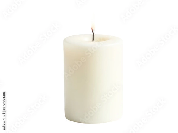 Fototapeta A single white candle burning brightly on a plain white background
