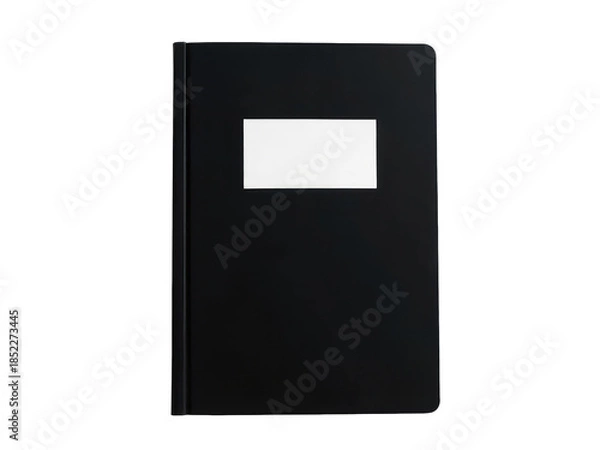 Fototapeta A black notebook open to a blank page, perfect for writing notes or ideas