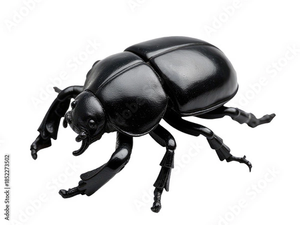 Fototapeta A small black toy beetle sits on a clean white surface, perfect for illustration or design