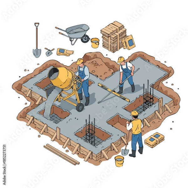 Obraz Construction Workers Pouring Concrete Foundation with Mixer and Tools.