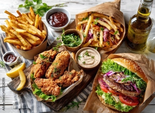 Fototapeta A fast‑food delivery menu backdrop featuring a variety of burgers, cheeseburgers, nuggets, French fries, and fizzy soda drinks, representing junk, unhealthy, ultra‑processed food with low nutrition