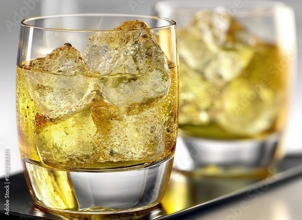 Fototapeta A close‑up top view showcases a glass of orange juice with frothy foam and clear ice cubes, highlighting the texture and contrast against the tabletop