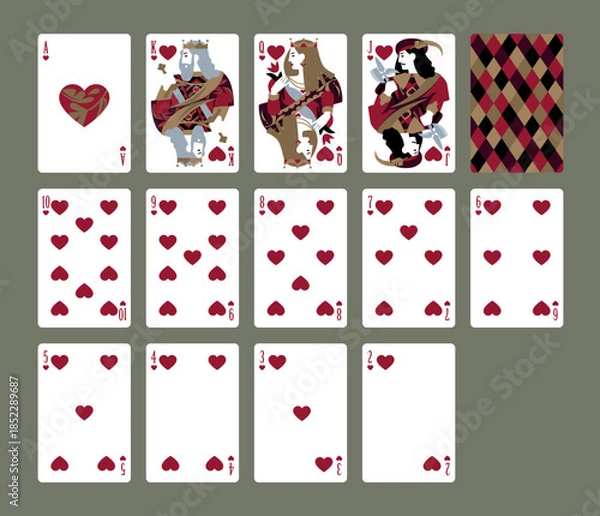Obraz Set of Hearts playing cards and their back design in a minimalist flat style. Vector illustration
