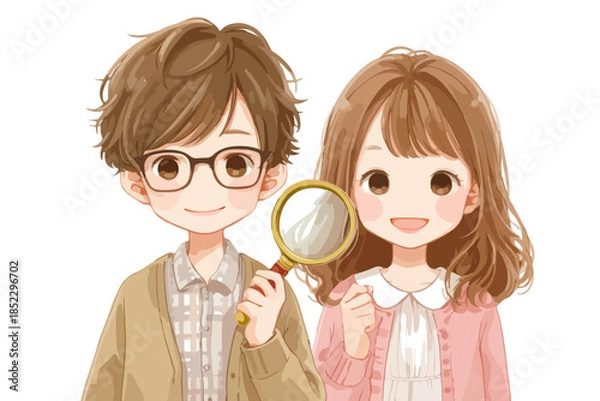 Obraz 虫眼鏡を持つ眼鏡をかけた男性と、笑顔の女性のイラスト。透明感のある優しいタッチで描かれたカップル。