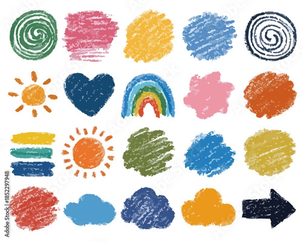Obraz クレヨンで描かれた太陽、虹、ハート、雲、渦巻き、矢印、抽象的な図形などのカラフルなイラストセット。