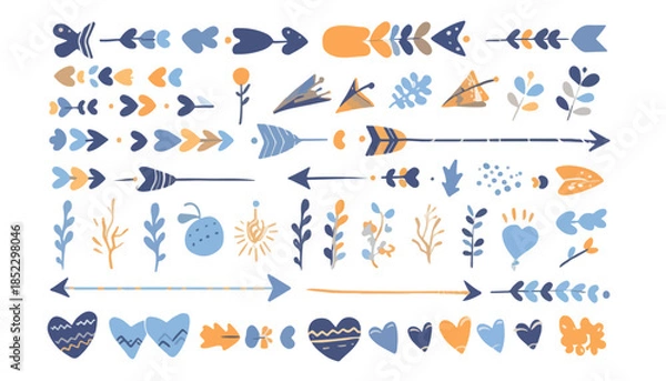 Obraz ボヘミアン風の矢印、ハート、植物などのイラスト素材集。透明感のあるデザインが特徴。