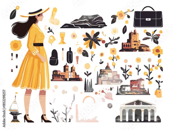 Obraz エレガントな女性と夏の旅行のモチーフが描かれたイラスト。透明感のあるデザインで、夏のバカンスやリゾートを連想させます。