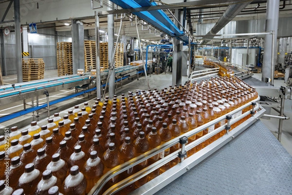 Fototapeta Production line of bottling of beverage into plastic bottles