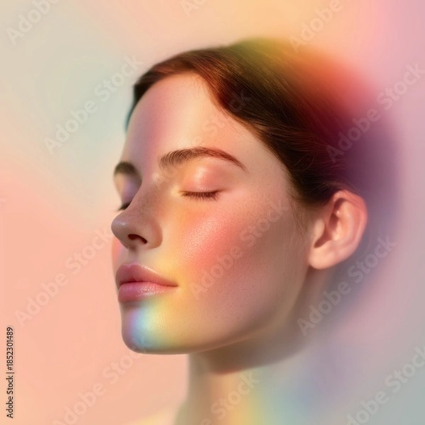 Fototapeta 穏やかな表情で目を閉じる女性の横顔。美容やリラクゼーションのイメージに最適なポートレート素材。