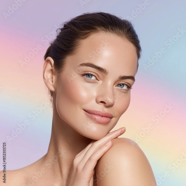 Fototapeta 透明感のある美しい女性の肌のアップ。美容やスキンケアのイメージに最適な素材。