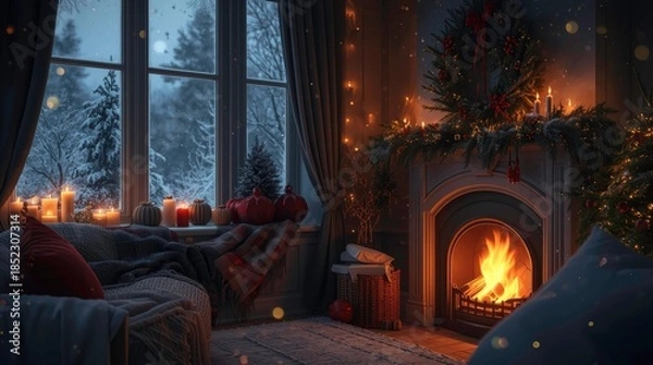 Obraz fireplace with christmas decorations