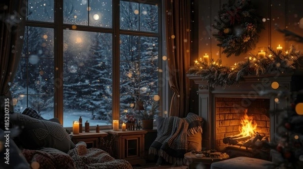 Obraz fireplace with christmas decorations