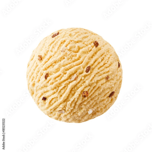 Obraz Peach ice cream scoop with raisins nuts pieces, orange apricot sorbet ice-cream ball with dried fruits nuts