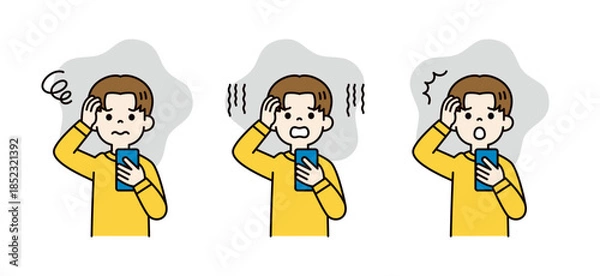 Obraz スマートフォンを見て、困る・落ち込む・驚く10代の男性のベクターイラスト素材セット＿カラー