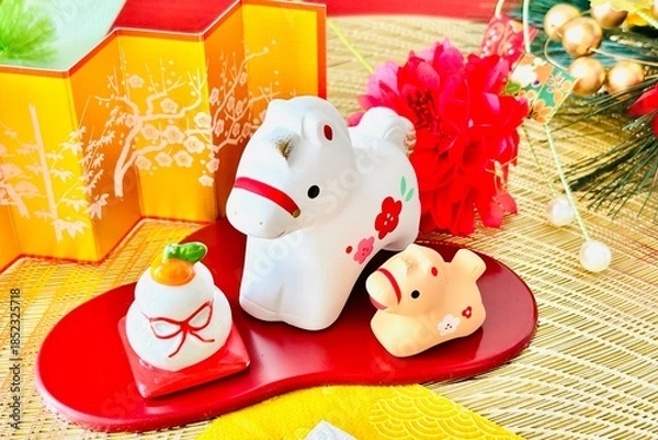 Obraz 午年の年賀状素材と金屏風