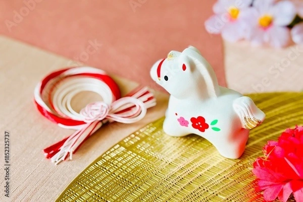 Obraz 午年の年賀状素材と可愛い白馬