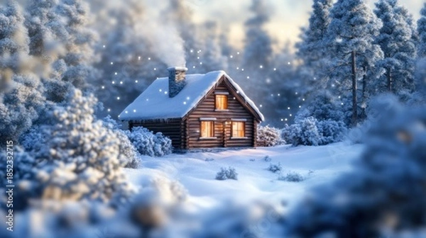 Obraz Snowy cabin in forest