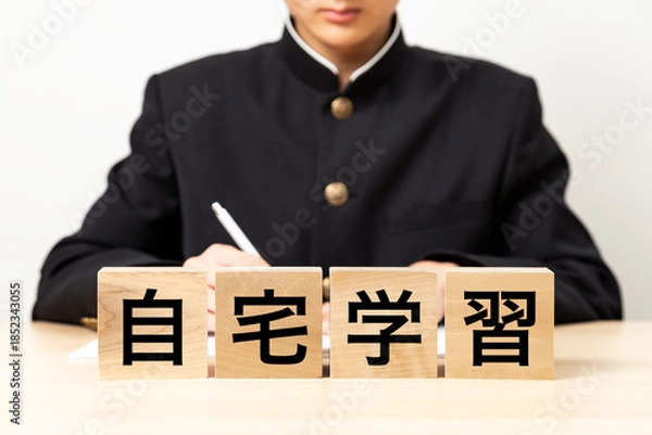 Obraz 「自宅学習」と書かれたブロックと男子学生