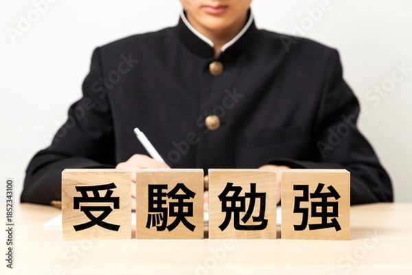 Obraz 「受験勉強」と書かれたブロックと男子学生