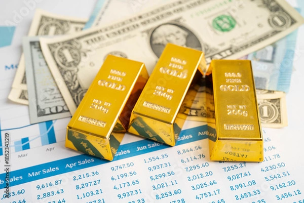 Obraz Gold bars with US dollar and Euro banknote money, finance trading investment business currency.