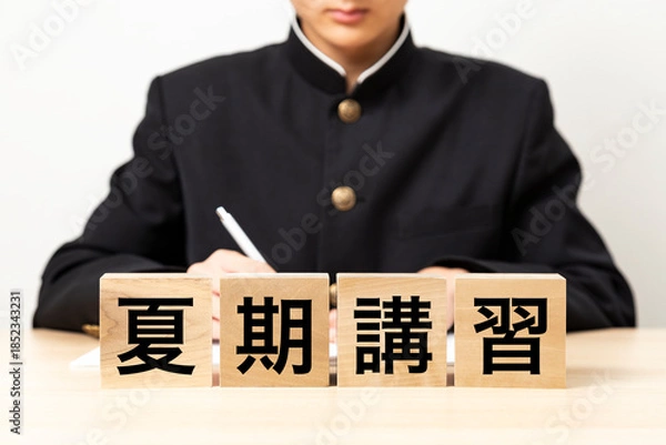 Obraz 「夏期講習」と書かれたブロックと男子学生