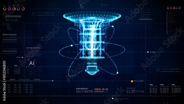 Obraz Futuristic quantum computer processor wireframe with AI data analysis interface. Digital HUD technology background for science, big data, and neural networks. 3D Rendering