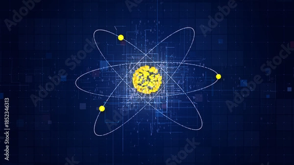 Obraz Quantum computing processor with AI data analysis HUD interface. Digital wireframe technology for big data, machine learning, and advanced science research in cyberspace background. 3D Rendering