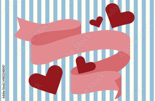 Obraz 水色ストライプ背景　ピンクのくるくるリボンとハートのイラスト