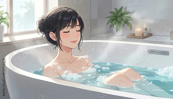 Obraz 泡風呂でくつろぐ女性：穏やかなバスタイムとセルフケア