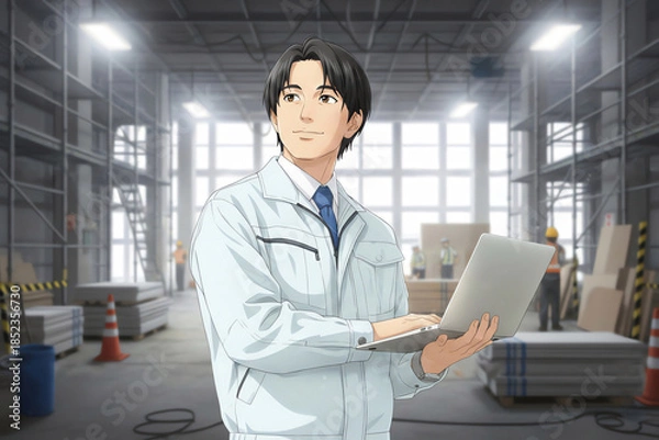 Obraz 工場内でパソコンを使う作業服の男性