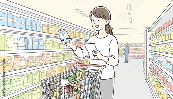 Obraz 買い物リストをチェックする女性：スーパーマーケットでの楽しい食料品選び
