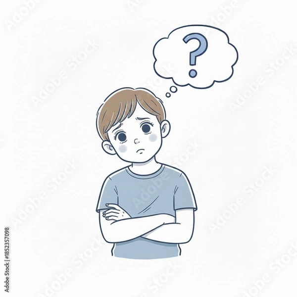 Obraz 腕組みをして考える少年：学習における疑問と困惑