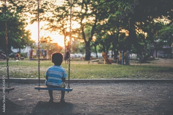 Obraz Child sits on swing in park during sunset near trees and playground in summer evening