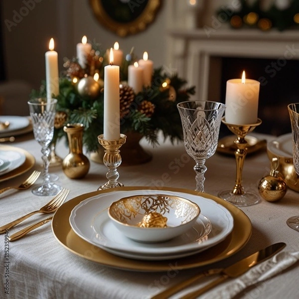 Obraz Gold and Crystal Christmas Table Setup