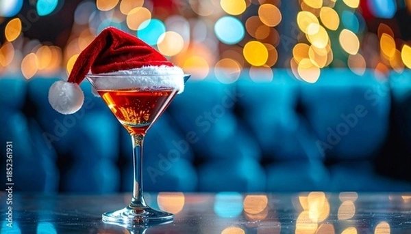 Fototapeta Festive Red Martini Cocktail with Santa Hat on a Reflective Bar Counter Against Bokeh Lights
