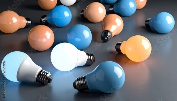 Fototapeta Scattered orange, blue, and glowing white LED light bulbs on a dark background, representing innovation and creative ideas.
