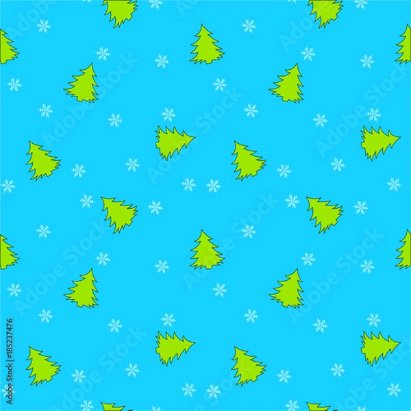 Fototapeta Christmas seamless pattern with christmas tree and snowflakes, vector background