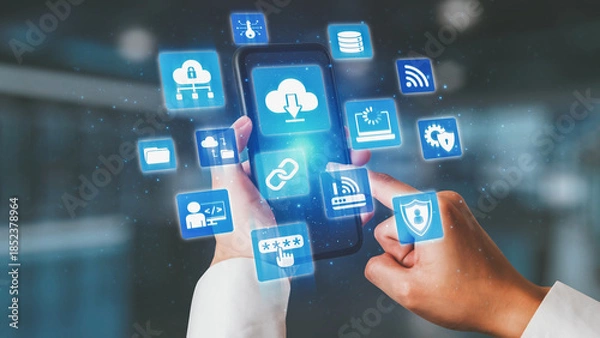 Fototapeta Cloud computing, cloud strategy, and cloud technology transforming digital infrastructure with scalable services, secure data storage, and cloud-based digital business solutions. Spire