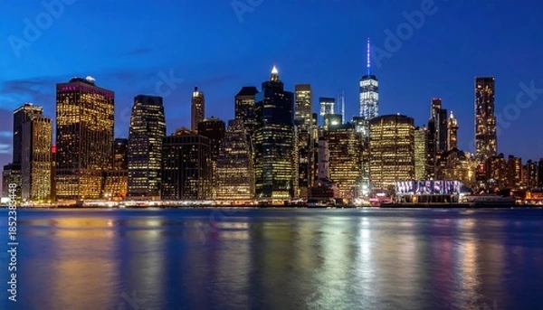 Fototapeta Panoramic city skyline features illuminated modern skyscrapers reflecting on calm water at night. Urban concept