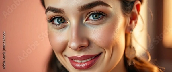 Obraz Close-up headshot, elegant subject, subtle smile, soft lighting,  face,  delicate