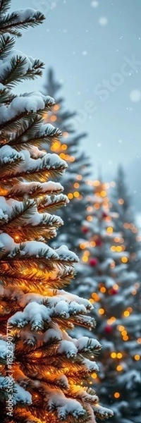 Obraz Snowfall sparkles on festive decorated pine trees with warm glowing lights, creating a cozy holiday scene,  trees, christmas