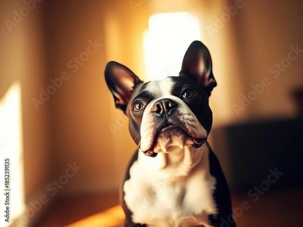 Obraz Charming Boston Terrier framed in soft light, a dynamic Dutch angle capturing its alert, stylish silhouette ,  unique perspective,  chic