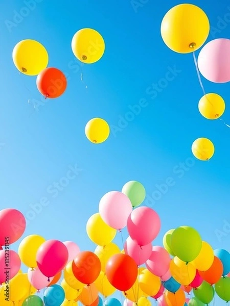 Obraz Bright, vibrant balloons ascend against a clear blue sky, a celebration of joy and festivity,  happy,  background
