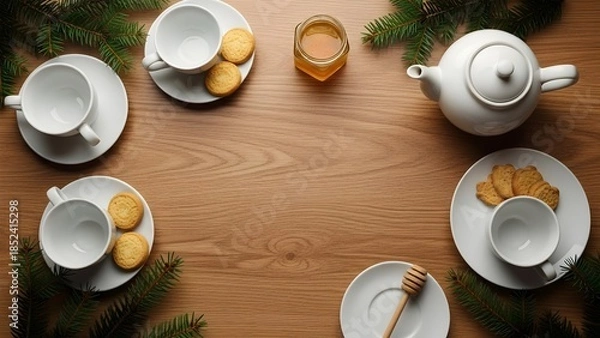 Obraz 木のテーブルに並ぶティーセット